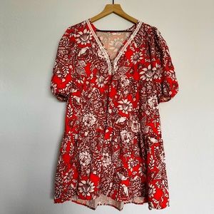 Small orange and white floral print lace trim smock dress